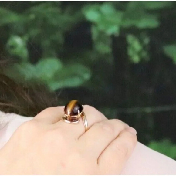 14k Yellow Gold Natural Tigers Eye Ring Size 7 1/2 - Picture 6 of 9